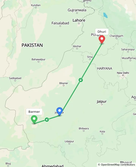 Route map showing distance and travel time from Barmer, India to Dhuri, India