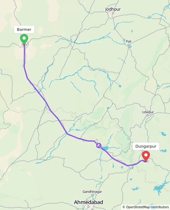 Route map showing distance and travel time from Barmer, India to Dungarpur, India