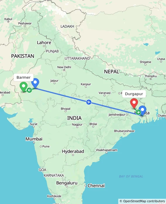 Route map showing distance and travel time from Barmer, India to Durgapur, India