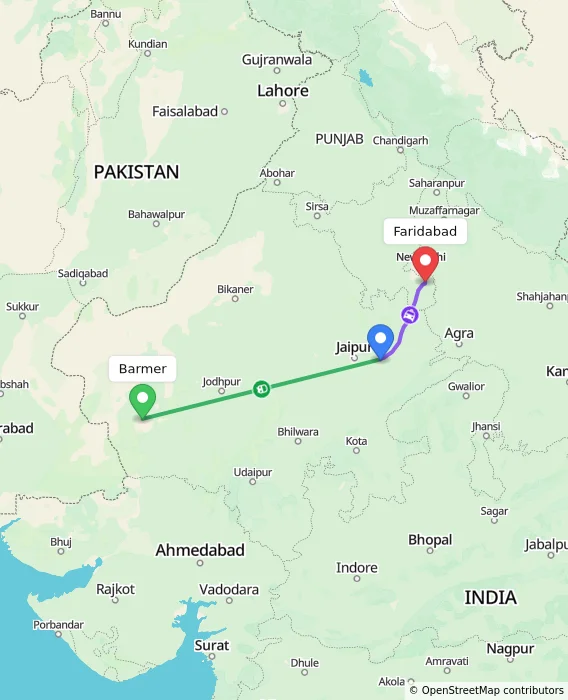Route map showing distance and travel time from Barmer, India to Faridabad, India