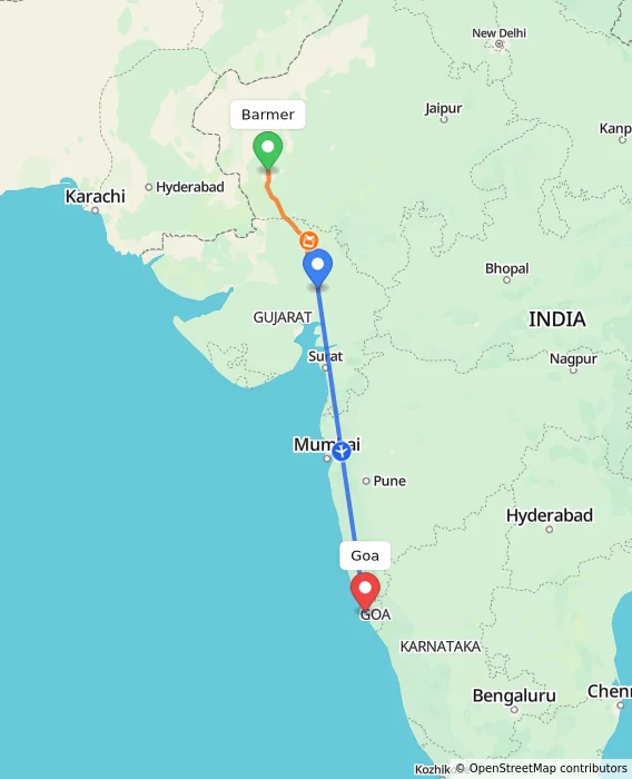 Route map showing distance and travel time from Barmer, India to Goa, India