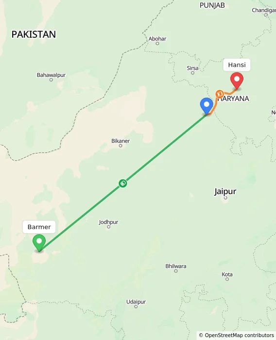 Route map showing distance and travel time from Barmer, India to Hansi, India