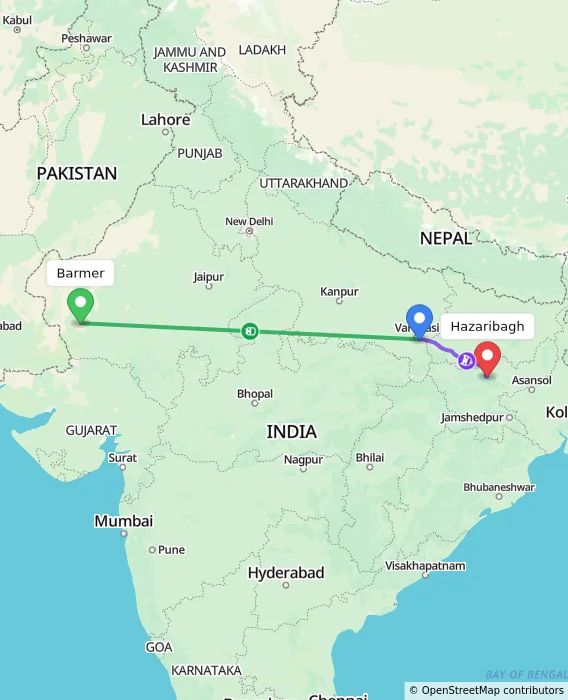 Route map showing distance and travel time from Barmer, India to Hazaribagh, India