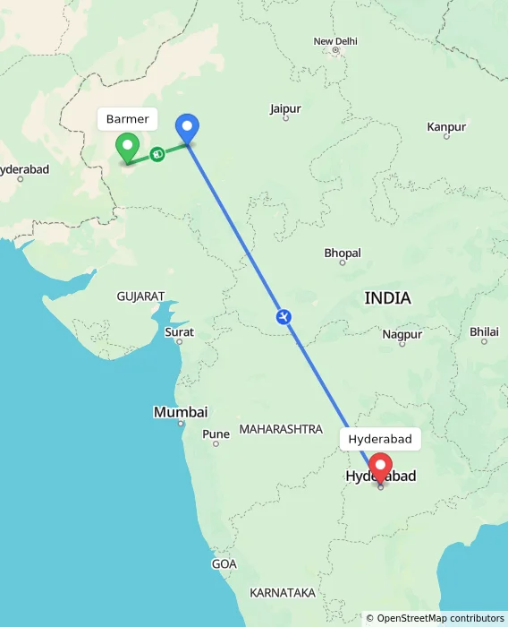 Route map showing distance and travel time from Barmer, India to Hyderabad, India