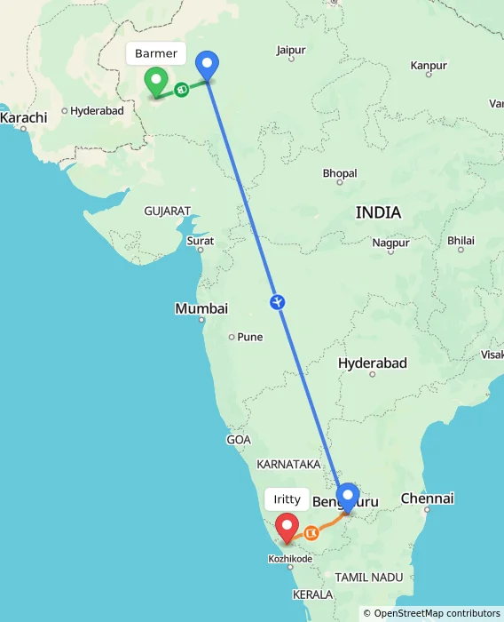 Route map showing distance and travel time from Barmer, India to Iritty, India