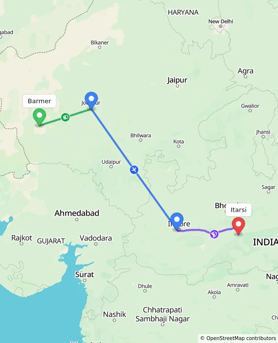 Route map showing distance and travel time from Barmer, India to Itarsi, India
