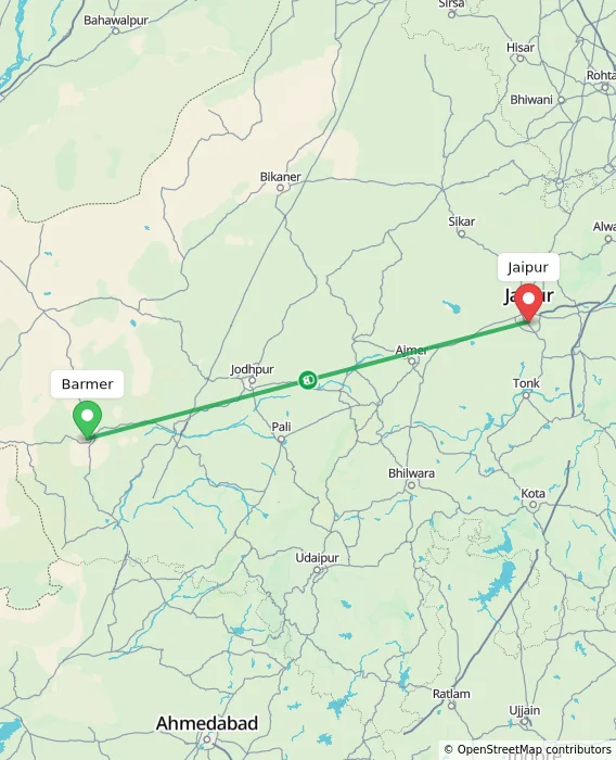 Route map showing distance and travel time from Barmer, India to Jaipur, India