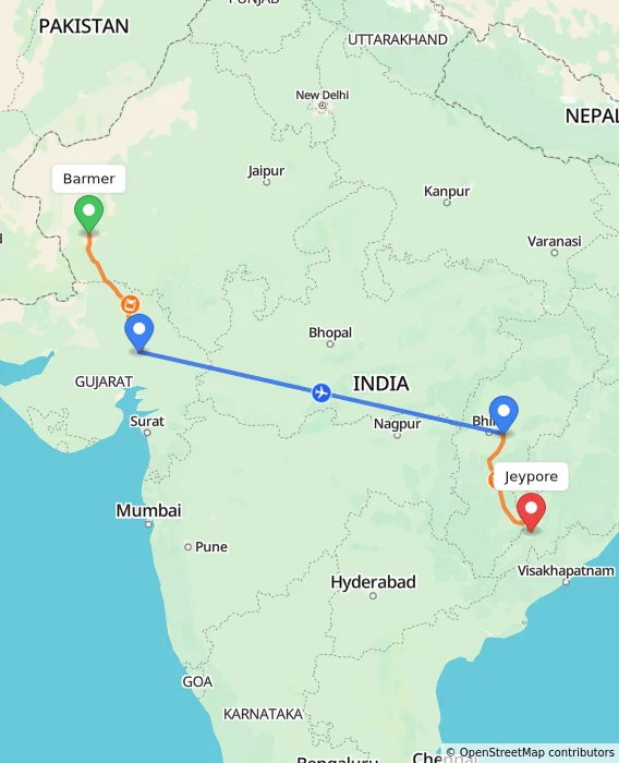 Route map showing distance and travel time from Barmer, India to Jeypore, India