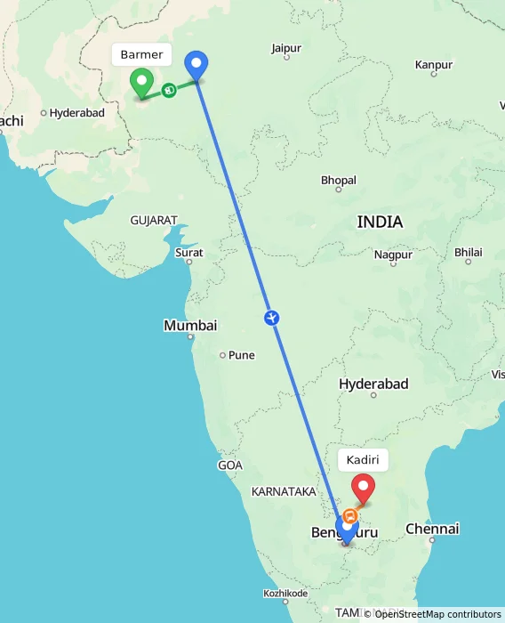 Route map showing distance and travel time from Barmer, India to Kadiri, India