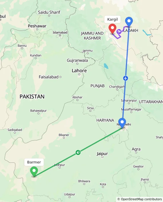 Route map showing distance and travel time from Barmer, India to Kargil, India