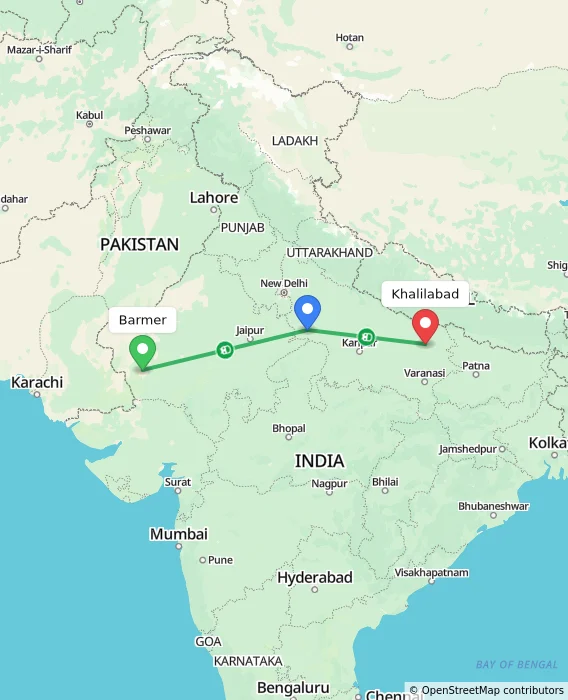 Route map showing distance and travel time from Barmer, India to Khalilabad, India