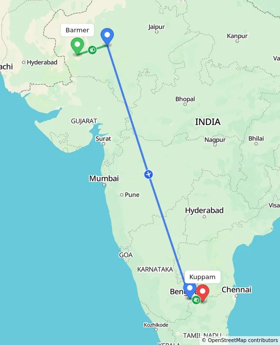 Route map showing distance and travel time from Barmer, India to Kuppam, India