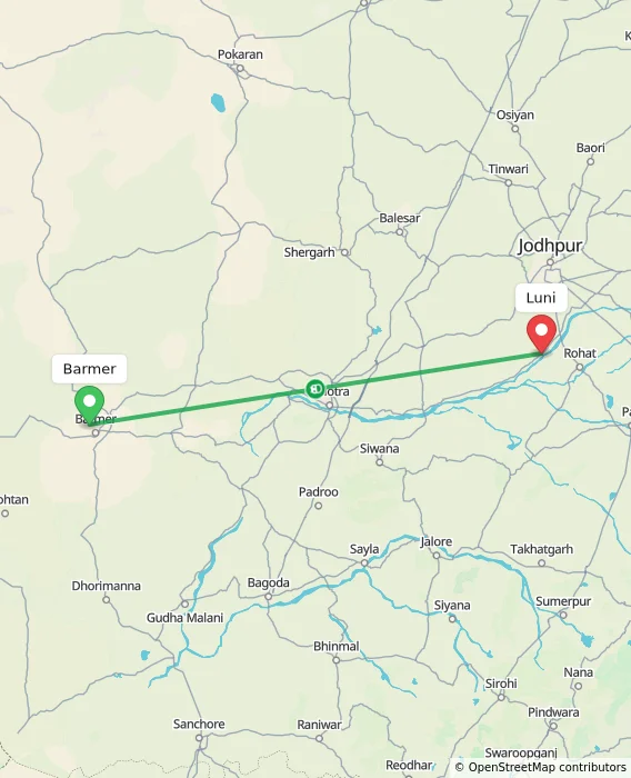 Route map showing distance and travel time from Barmer, India to Luni, India