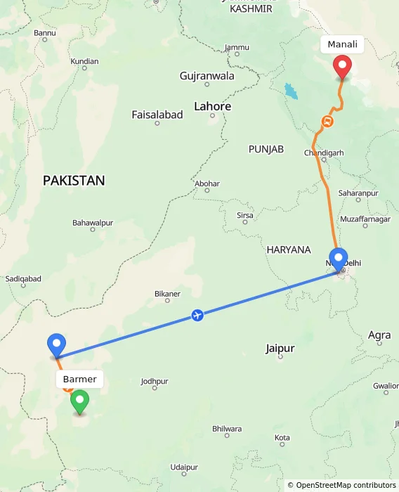 Route map showing distance and travel time from Barmer, India to Manali, India