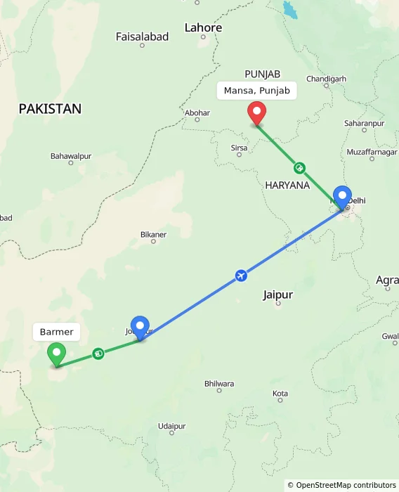 Route map showing distance and travel time from Barmer, India to Mansa, Punjab, India
