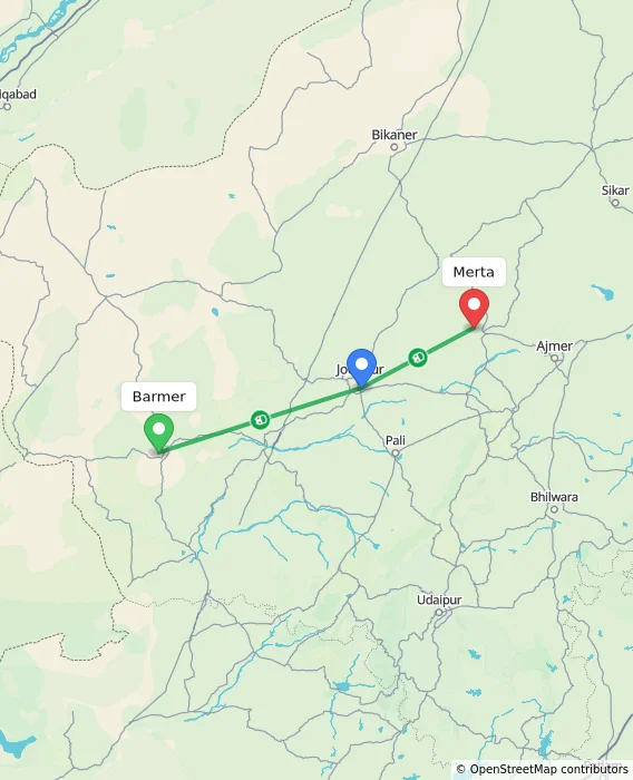 Route map showing distance and travel time from Barmer, India to Merta, India