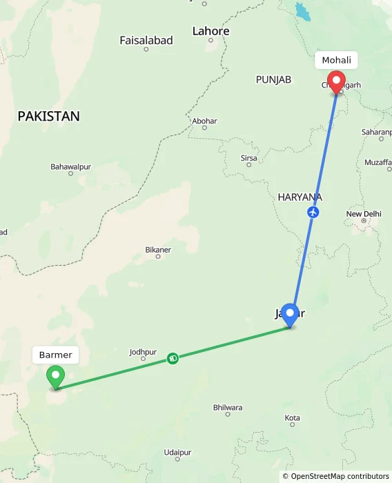 Route map showing distance and travel time from Barmer, India to Mohali, India