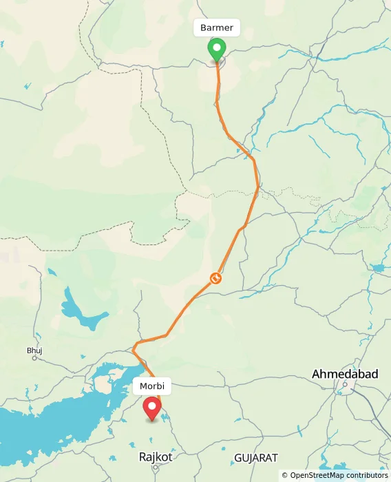 Route map showing distance and travel time from Barmer, India to Morbi, India