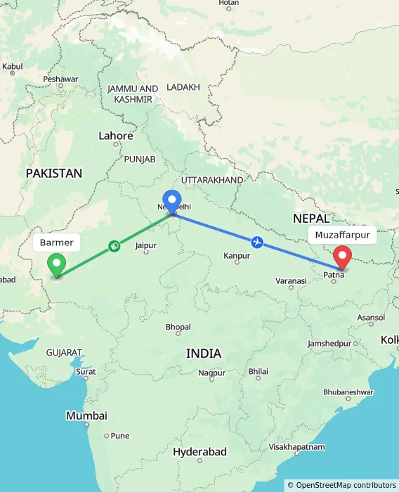 Route map showing distance and travel time from Barmer, India to Muzaffarpur, India