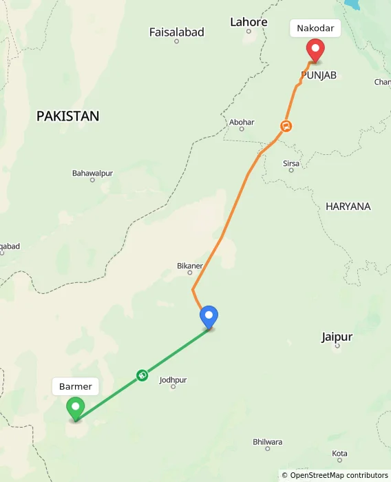 Route map showing distance and travel time from Barmer, India to Nakodar, India