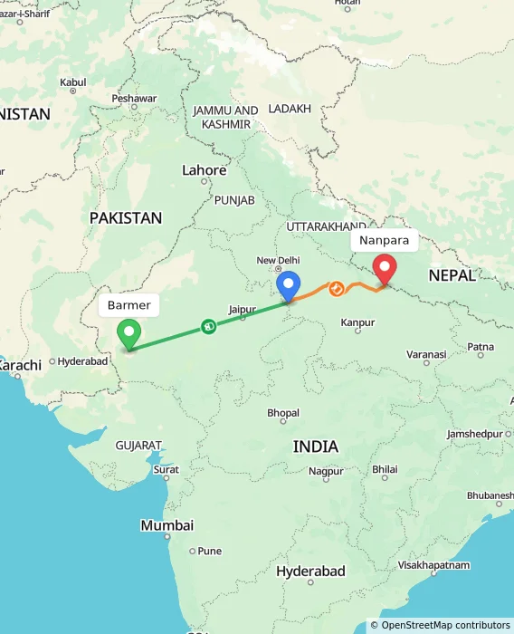 Route map showing distance and travel time from Barmer, India to Nanpara, India