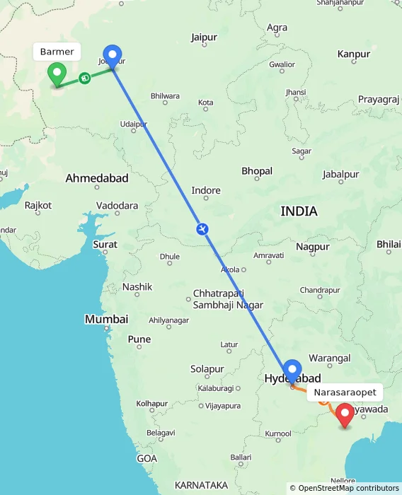Route map showing distance and travel time from Barmer, India to Narasaraopet, India