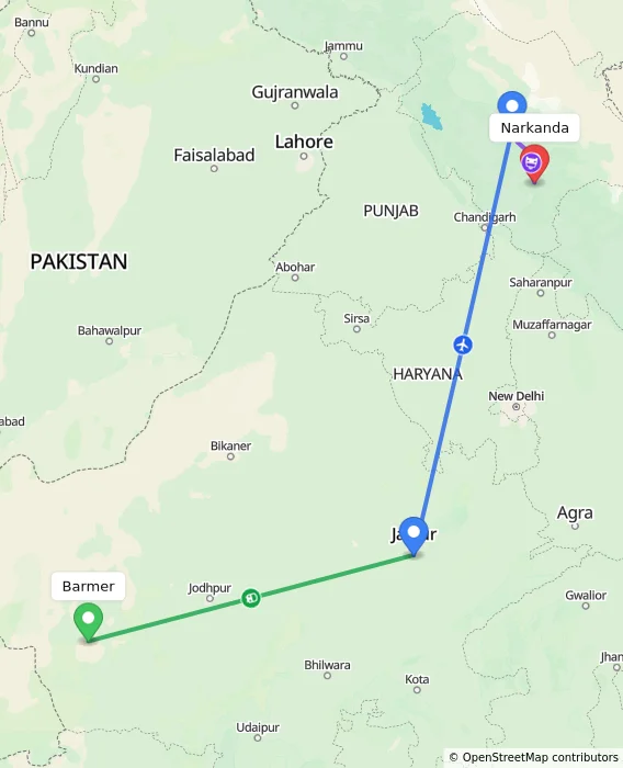 Route map showing distance and travel time from Barmer, India to Narkanda, India