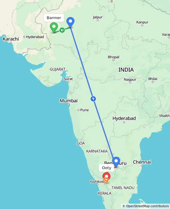 Route map showing distance and travel time from Barmer, India to Ooty, India