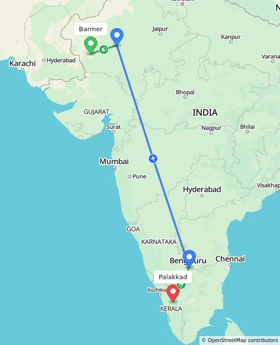 Route map showing distance and travel time from Barmer, India to Palakkad, India