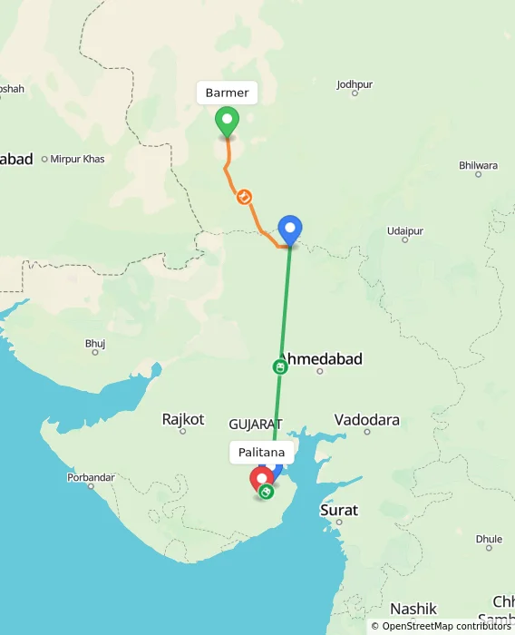 Route map showing distance and travel time from Barmer, India to Palitana, India