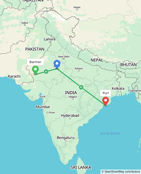 Route map showing distance and travel time from Barmer, India to Puri, India