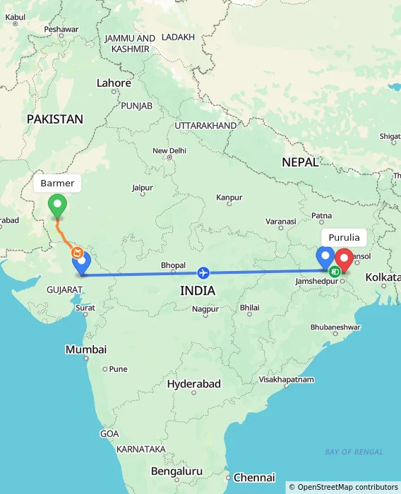 Route map showing distance and travel time from Barmer, India to Purulia, India