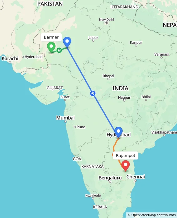 Route map showing distance and travel time from Barmer, India to Rajampet, India