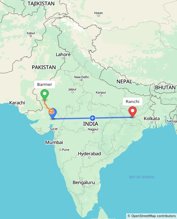 Route map showing distance and travel time from Barmer, India to Ranchi, India