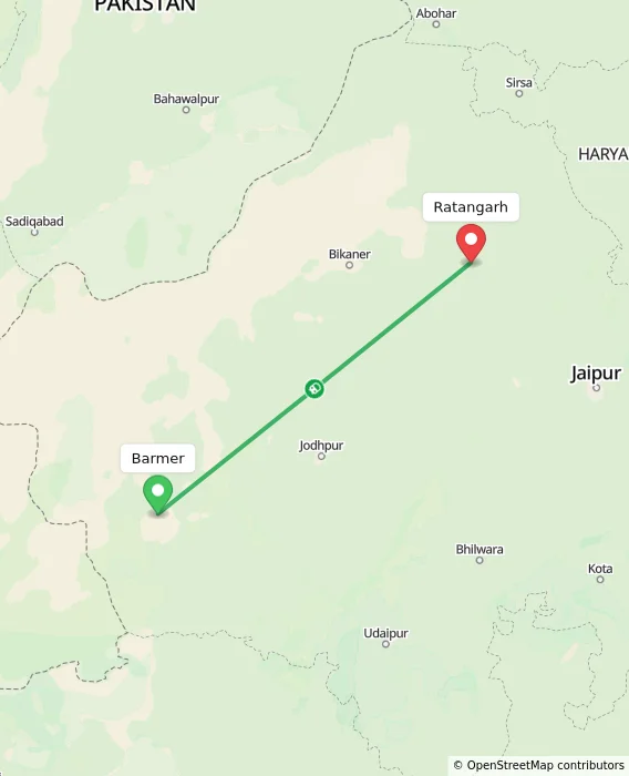 Route map showing distance and travel time from Barmer, India to Ratangarh, India