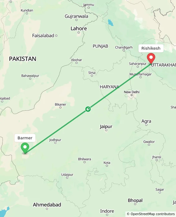 Route map showing distance and travel time from Barmer, India to Rishikesh, India