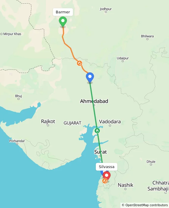 Route map showing distance and travel time from Barmer, India to Silvassa, India