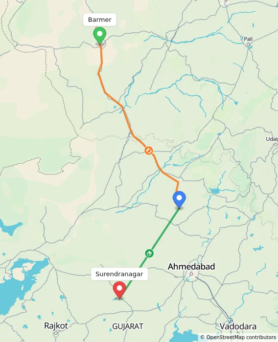 Route map showing distance and travel time from Barmer, India to Surendranagar, India