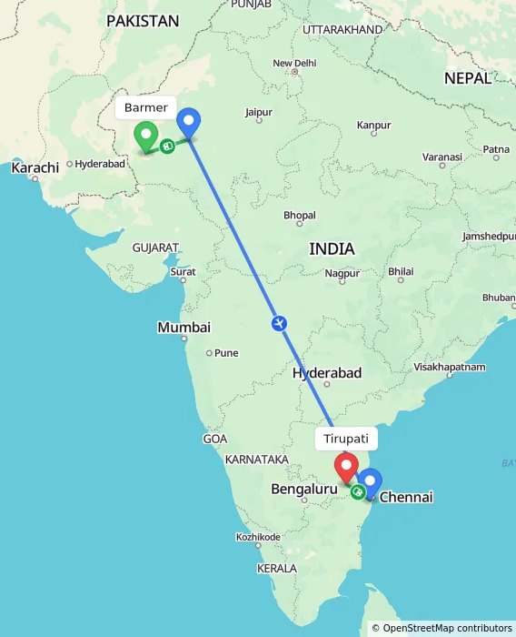 Route map showing distance and travel time from Barmer, India to Tirupati, India