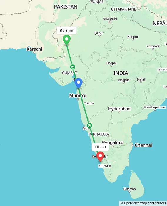 Route map showing distance and travel time from Barmer, India to TIRUR, India