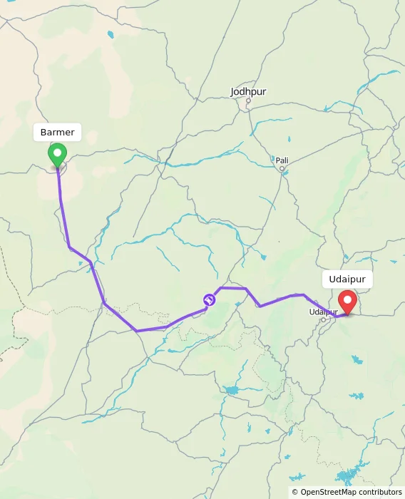 Route map showing distance and travel time from Barmer, India to Udaipur, India