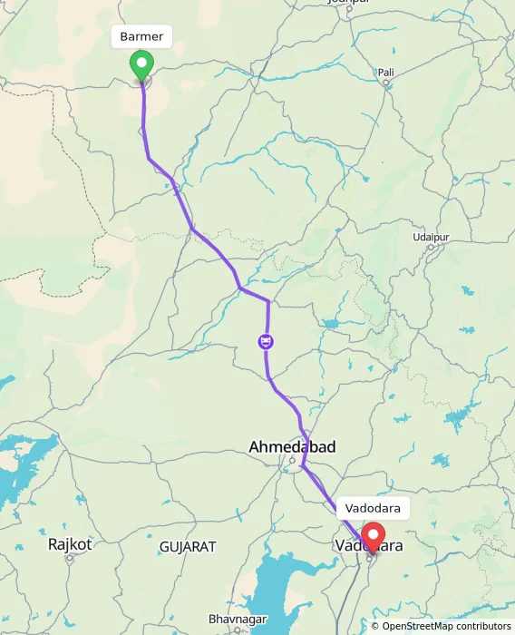 Route map showing distance and travel time from Barmer, India to Vadodara, India