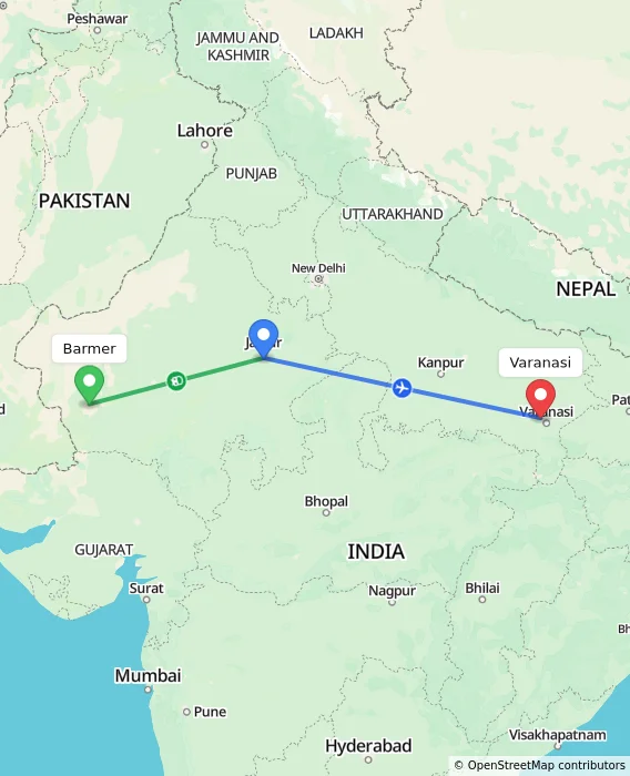 Route map showing distance and travel time from Barmer, India to Varanasi, India
