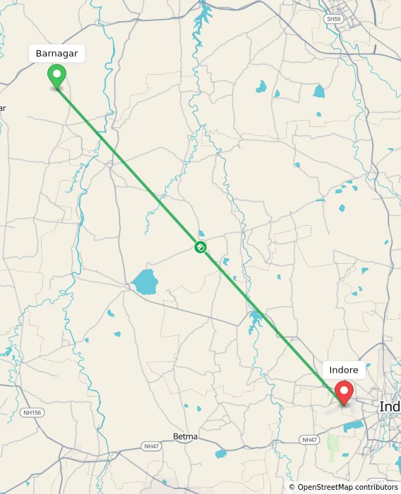 Route map showing distance and travel time from Barnagar, India to Indore, India