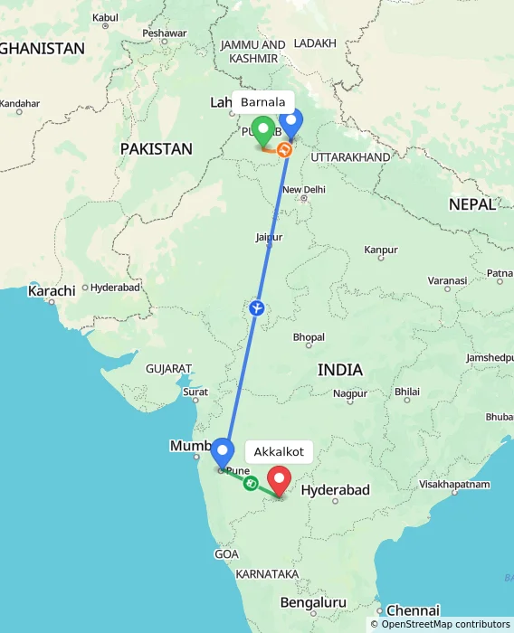 Route map showing distance and travel time from Barnala, India to Akkalkot, India
