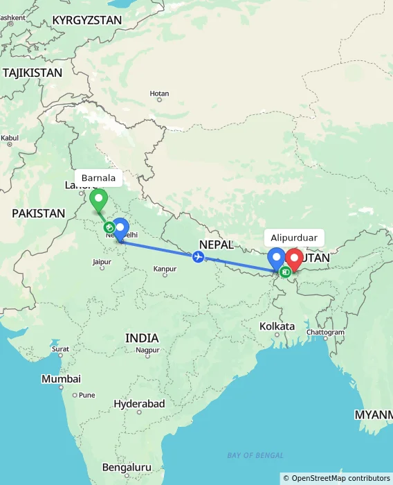 Route map showing distance and travel time from Barnala, India to Alipurduar, India
