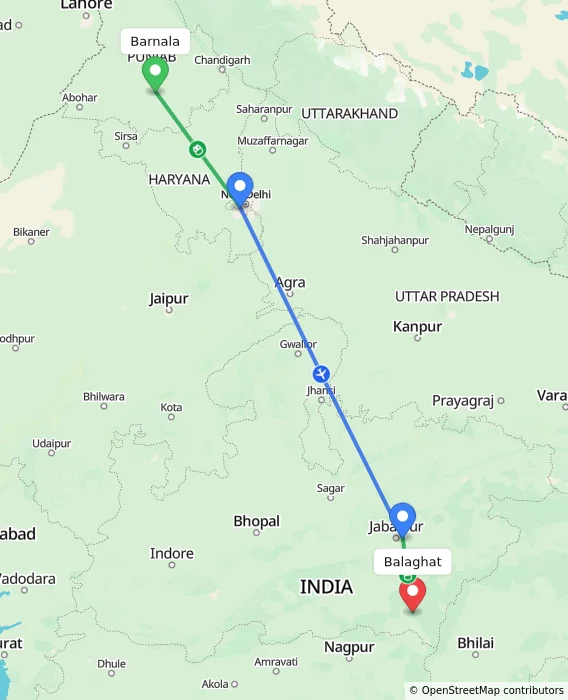 Route map showing distance and travel time from Barnala, India to Balaghat, India