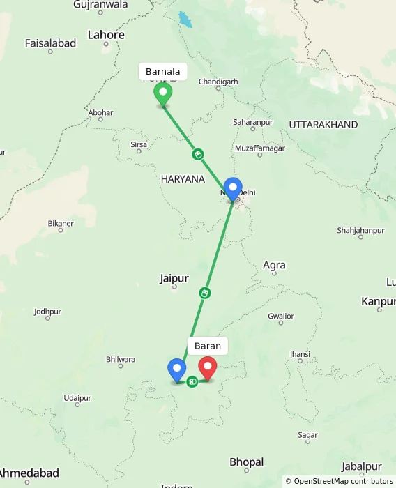 Route map showing distance and travel time from Barnala, India to Baran, India