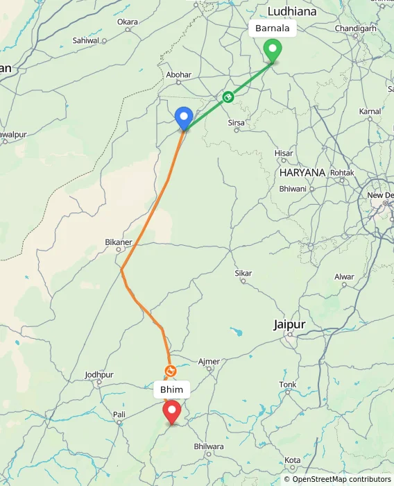 Route map showing distance and travel time from Barnala, India to Bhim, India
