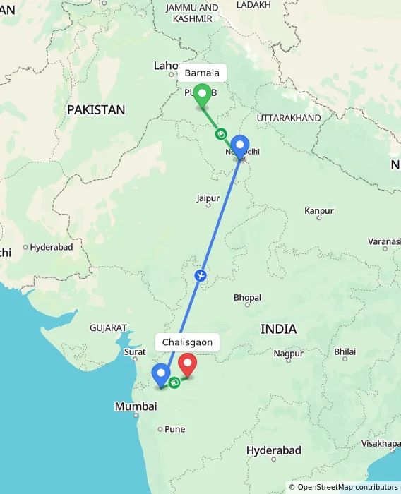 Route map showing distance and travel time from Barnala, India to Chalisgaon, India